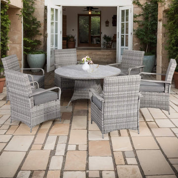 Sicily Spec Range Round Dining Table with 6 Chairs in Light Grey Weave(#908)